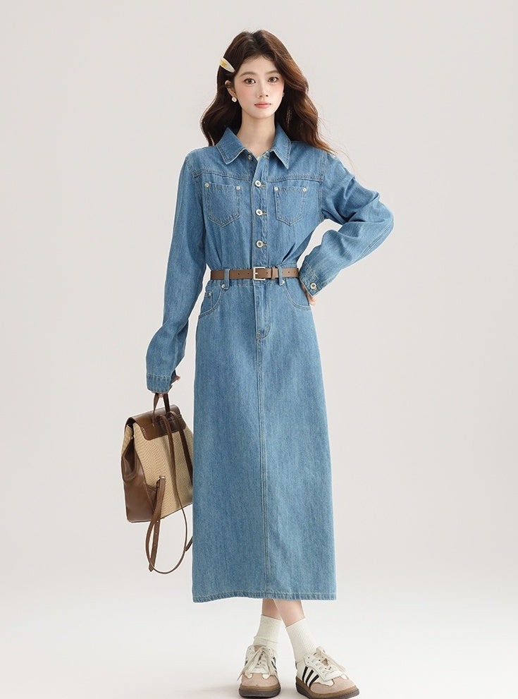 Elegant Denim Midi Dress With Back Slit