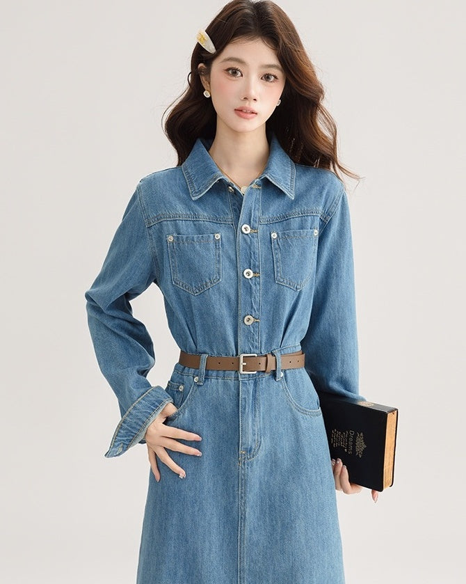 Elegant Denim Midi Dress With Back Slit