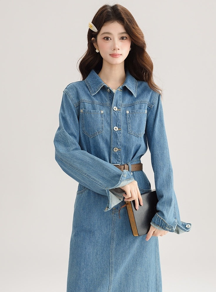 Elegant Denim Midi Dress With Back Slit
