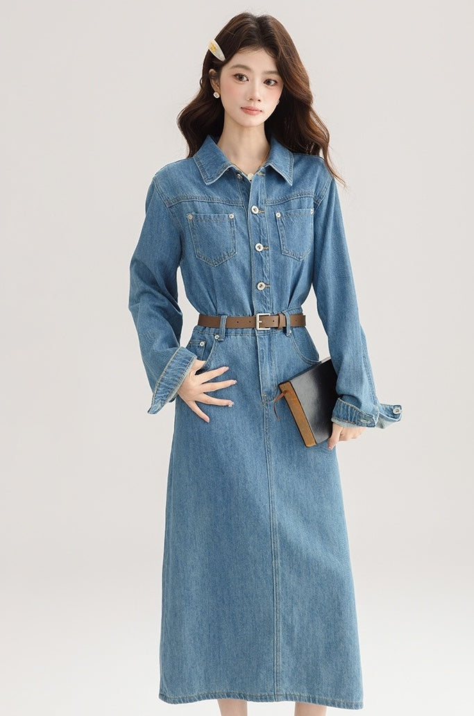 Elegant Denim Midi Dress With Back Slit