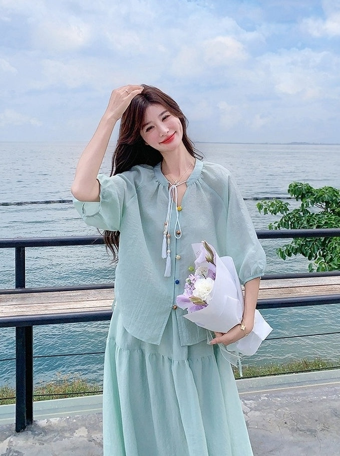Elegant Drawstring Shirt And Skirt Set
