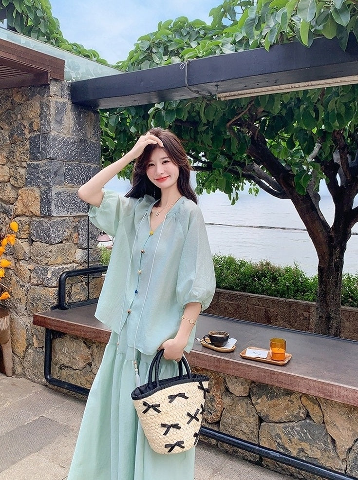 Elegant Drawstring Shirt And Skirt Set