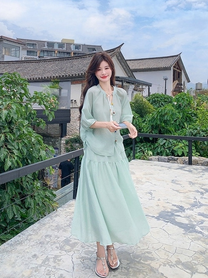 Elegant Drawstring Shirt And Skirt Set