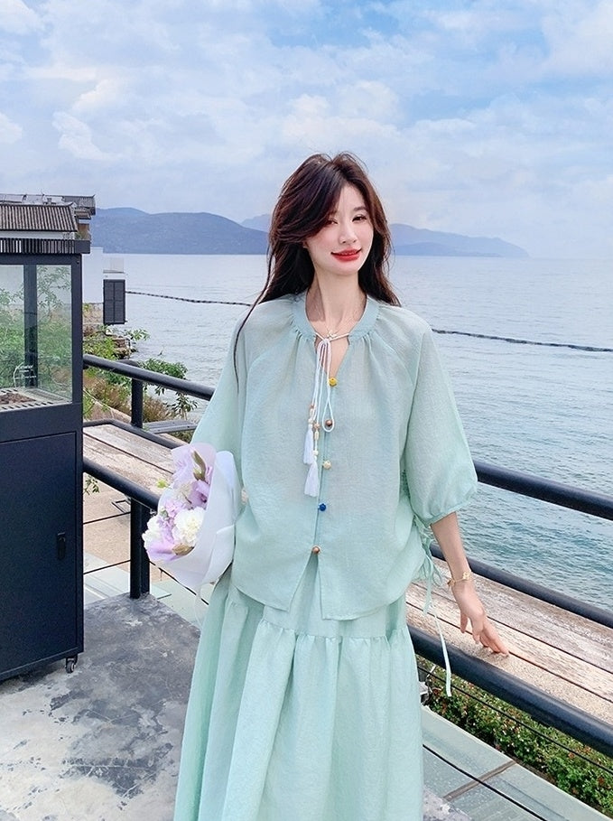 Elegant Drawstring Shirt And Skirt Set