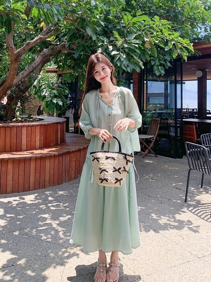 Elegant Drawstring Shirt And Skirt Set