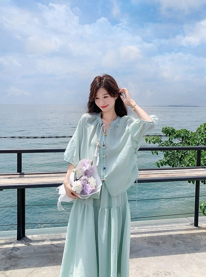 Elegant Drawstring Shirt And Skirt Set