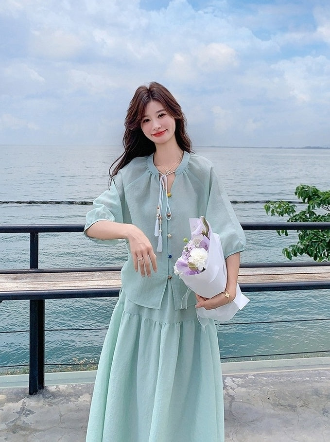 Elegant Drawstring Shirt And Skirt Set