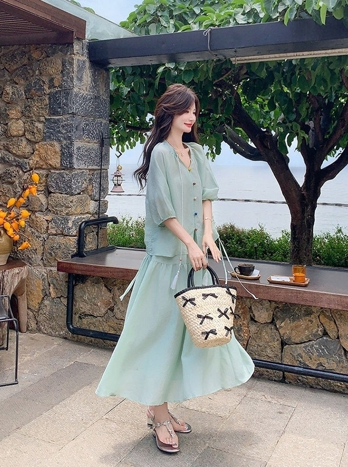 Elegant Drawstring Shirt And Skirt Set