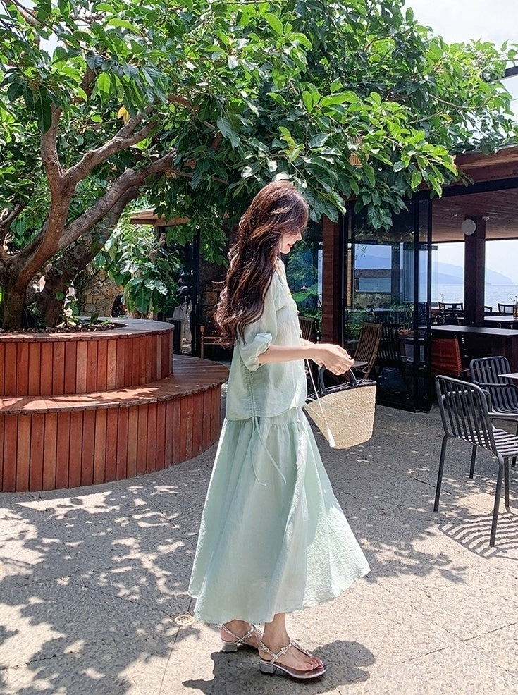 Elegant Drawstring Shirt And Skirt Set