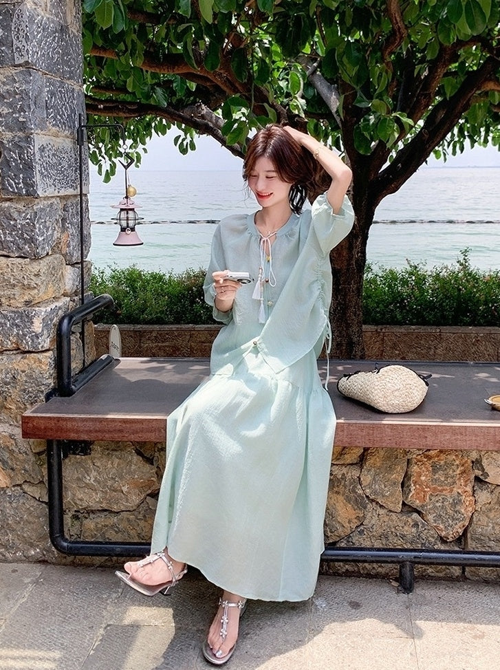 Elegant Drawstring Shirt And Skirt Set