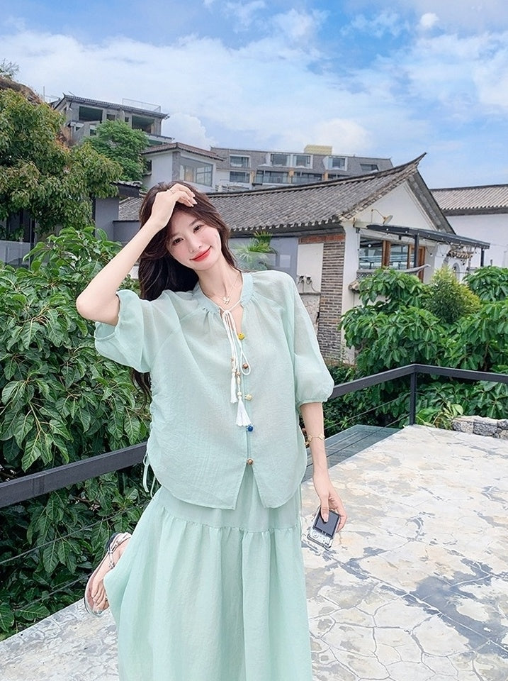Elegant Drawstring Shirt And Skirt Set