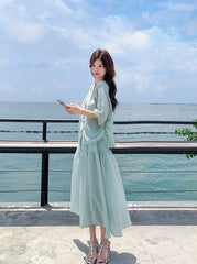 Elegant Drawstring Shirt And Skirt Set