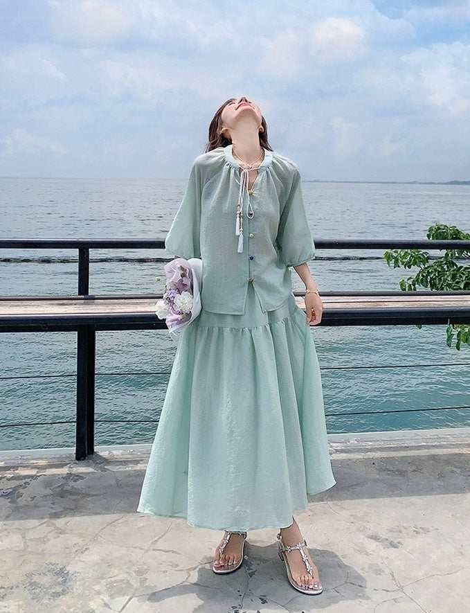 Elegant Drawstring Shirt And Skirt Set
