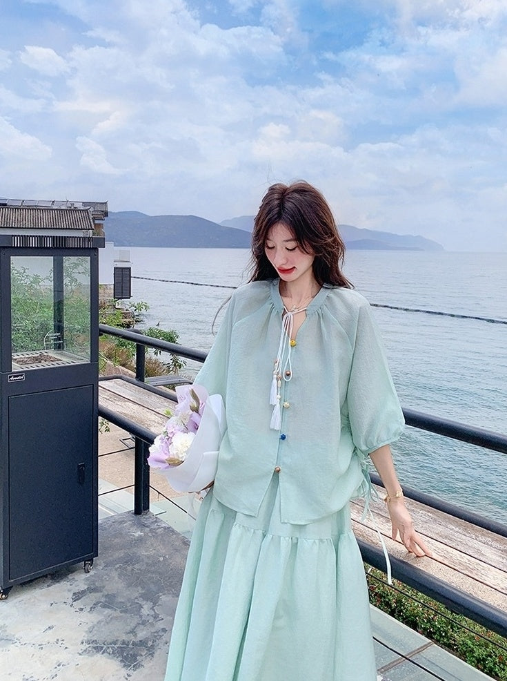 Elegant Drawstring Shirt And Skirt Set
