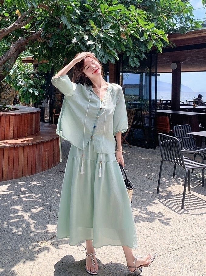 Elegant Drawstring Shirt And Skirt Set