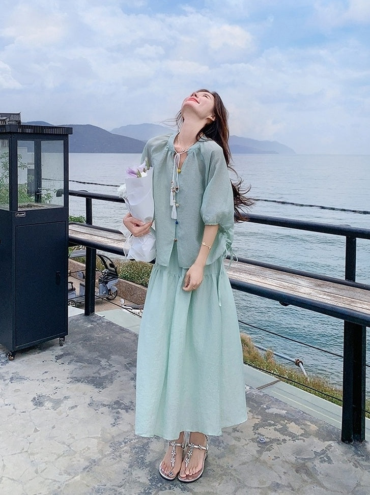 Elegant Drawstring Shirt And Skirt Set