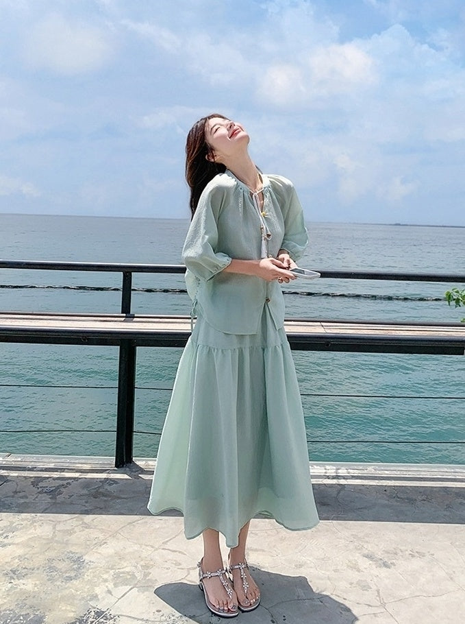 Elegant Drawstring Shirt And Skirt Set