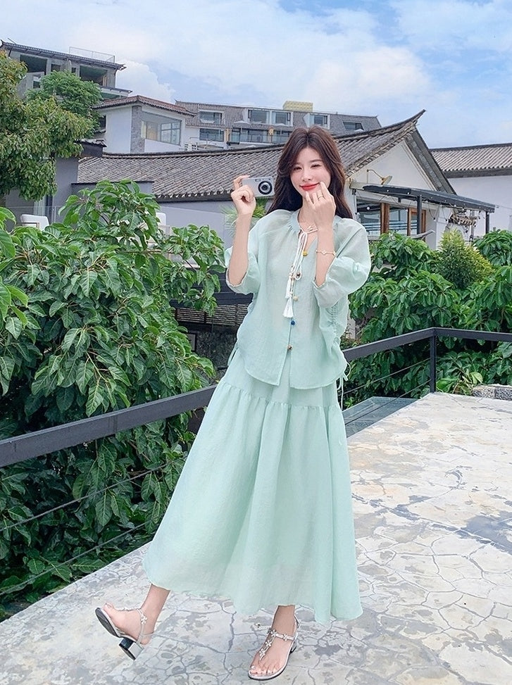 Elegant Drawstring Shirt And Skirt Set