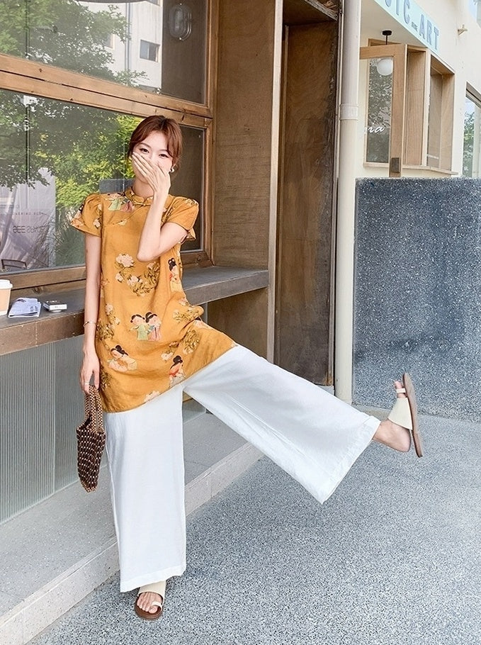 Elegant Floral Print Lightweight Top And Wide Leg Pants Set