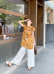 Elegant Floral Print Lightweight Top And Wide Leg Pants Set