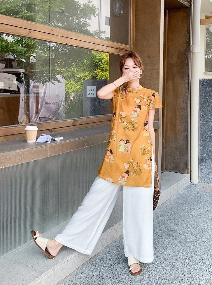 Elegant Floral Print Lightweight Top And Wide Leg Pants Set