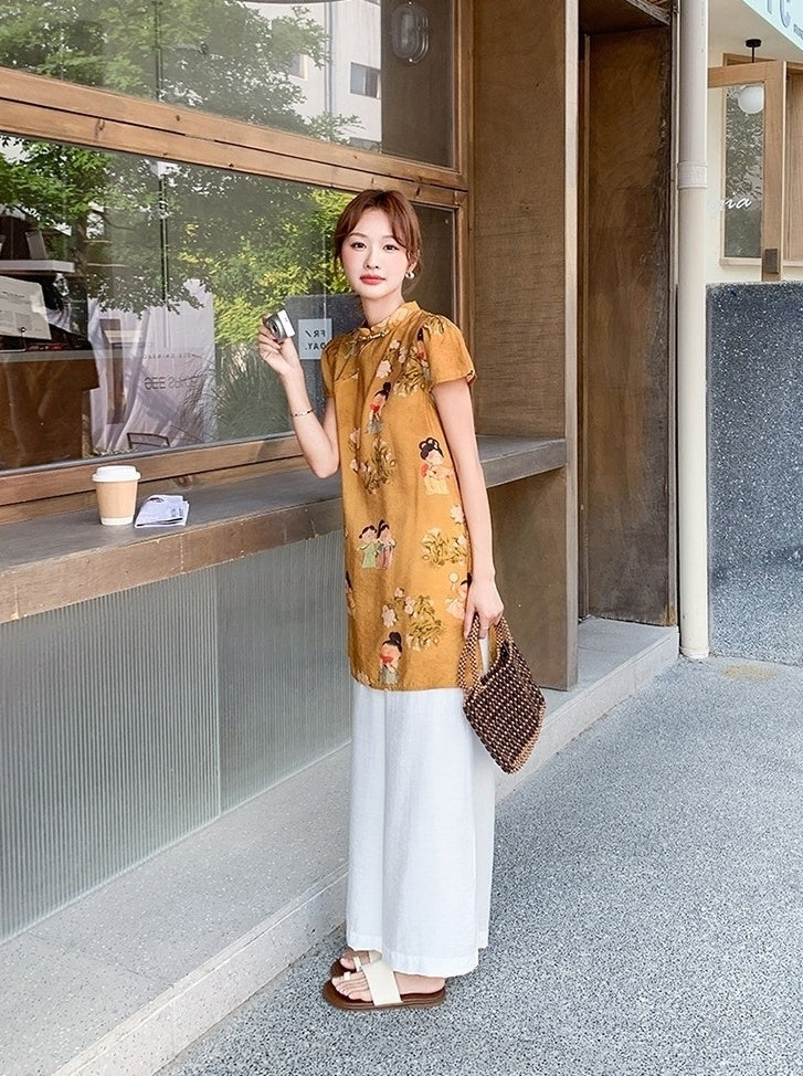 Elegant Floral Print Lightweight Top And Wide Leg Pants Set