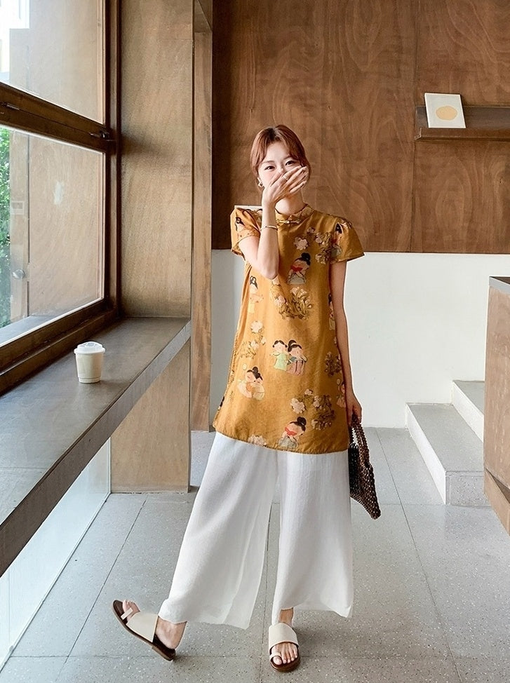Elegant Floral Print Lightweight Top And Wide Leg Pants Set
