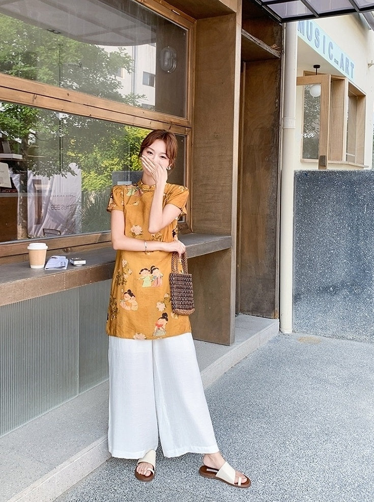 Elegant Floral Print Lightweight Top And Wide Leg Pants Set
