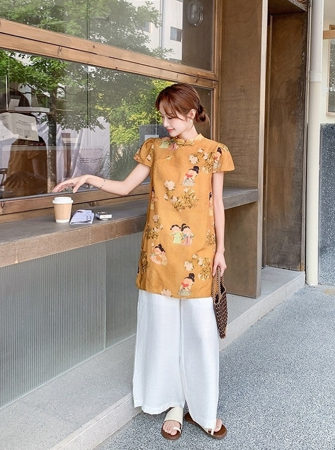 Elegant Floral Print Lightweight Top And Wide Leg Pants Set