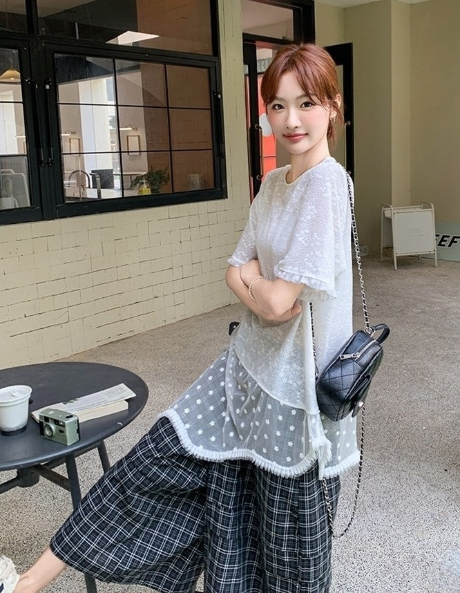Elegant French Lace Top And Wide Leg Pants Set