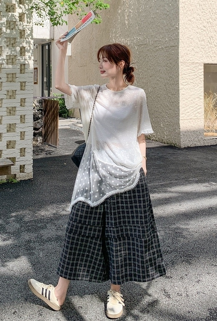 Elegant French Lace Top And Wide Leg Pants Set