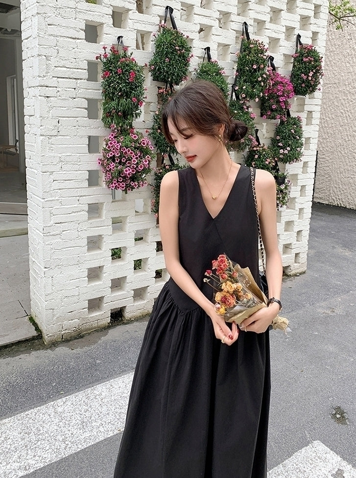 Elegant French Style V Neck Waist Maxi Dress