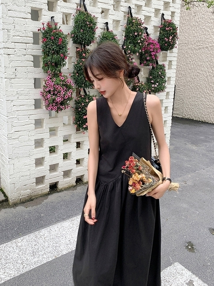 Elegant French Style V Neck Waist Maxi Dress