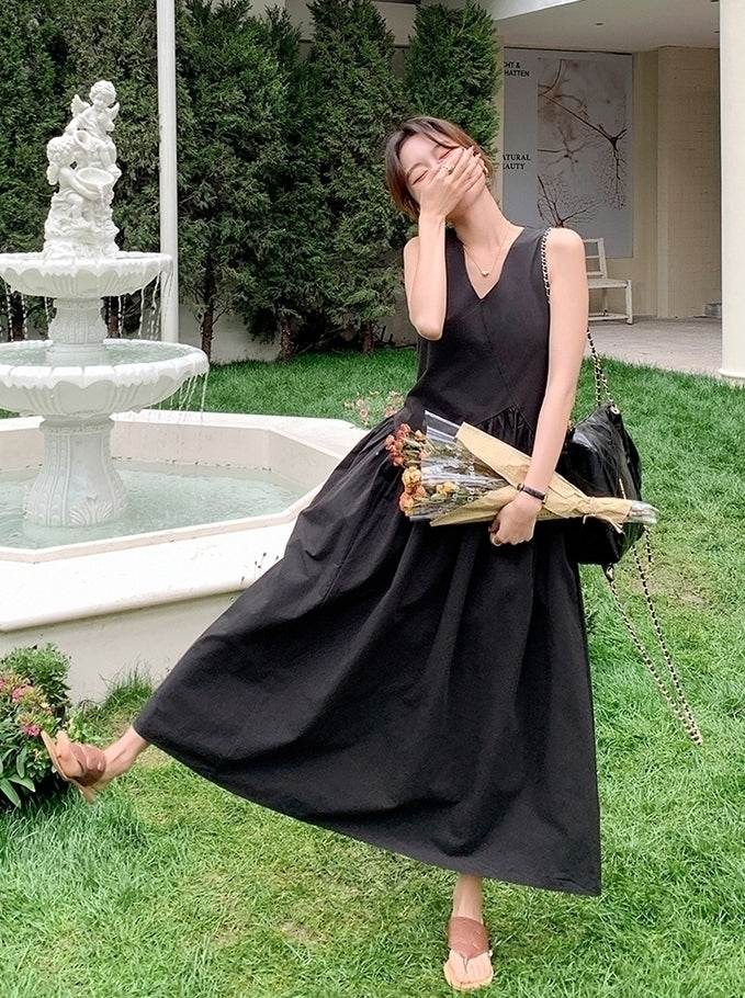 Elegant French Style V Neck Waist Maxi Dress
