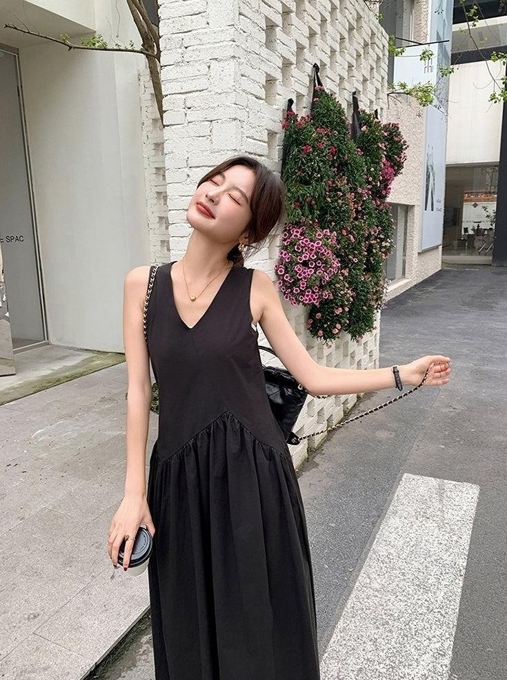 Elegant French Style V Neck Waist Maxi Dress