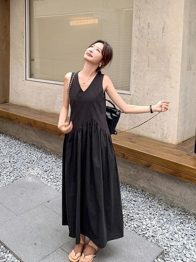 Elegant French Style V Neck Waist Maxi Dress