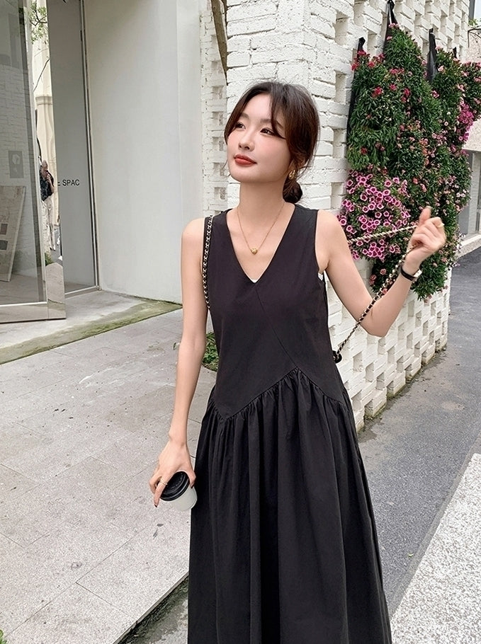 Elegant French Style V Neck Waist Maxi Dress