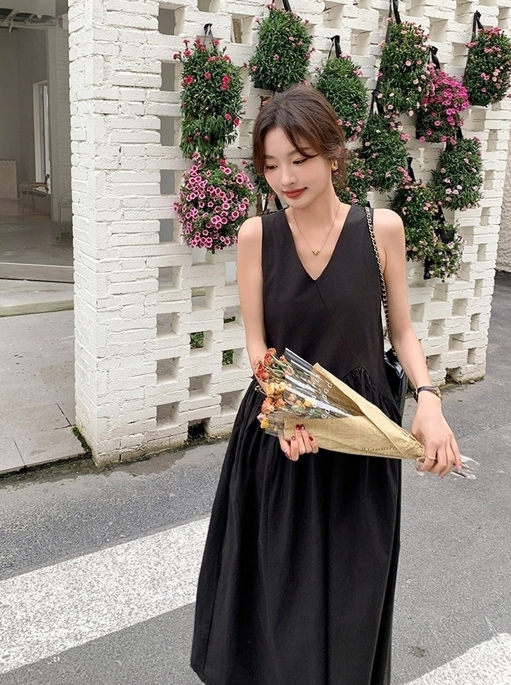 Elegant French Style V Neck Waist Maxi Dress