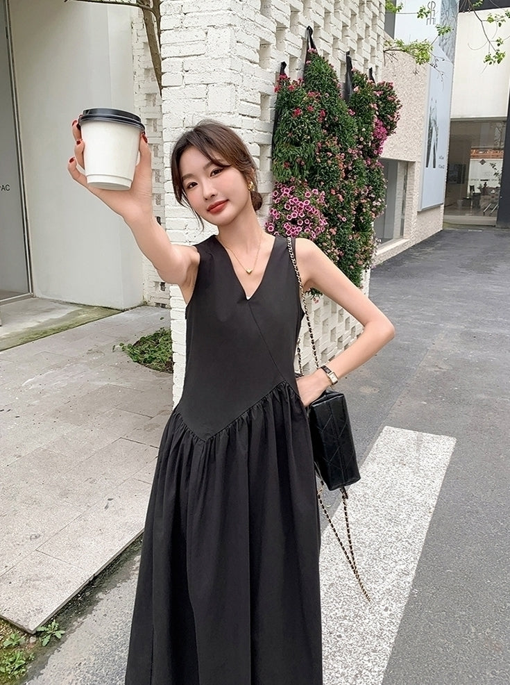 Elegant French Style V Neck Waist Maxi Dress