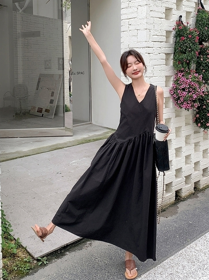 Elegant French Style V Neck Waist Maxi Dress