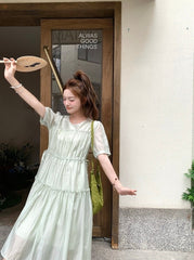 Elegant Green Casual French Style High Waist Dress