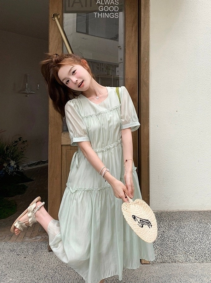 Elegant Green Casual French Style High Waist Dress