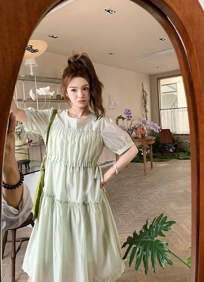Elegant Green Casual French Style High Waist Dress