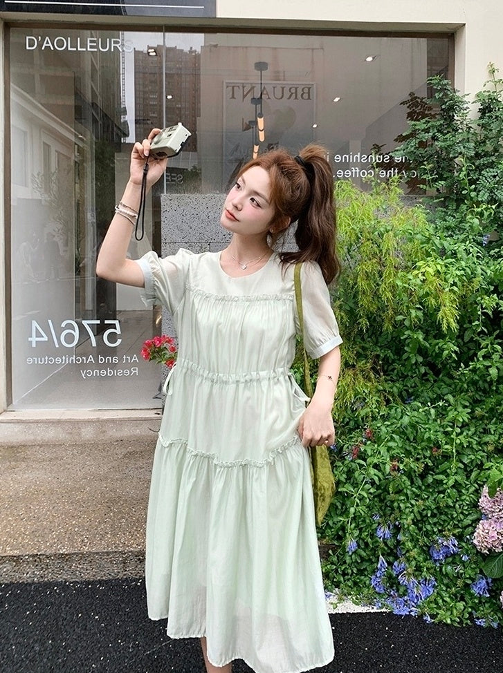 Elegant Green Casual French Style High Waist Dress