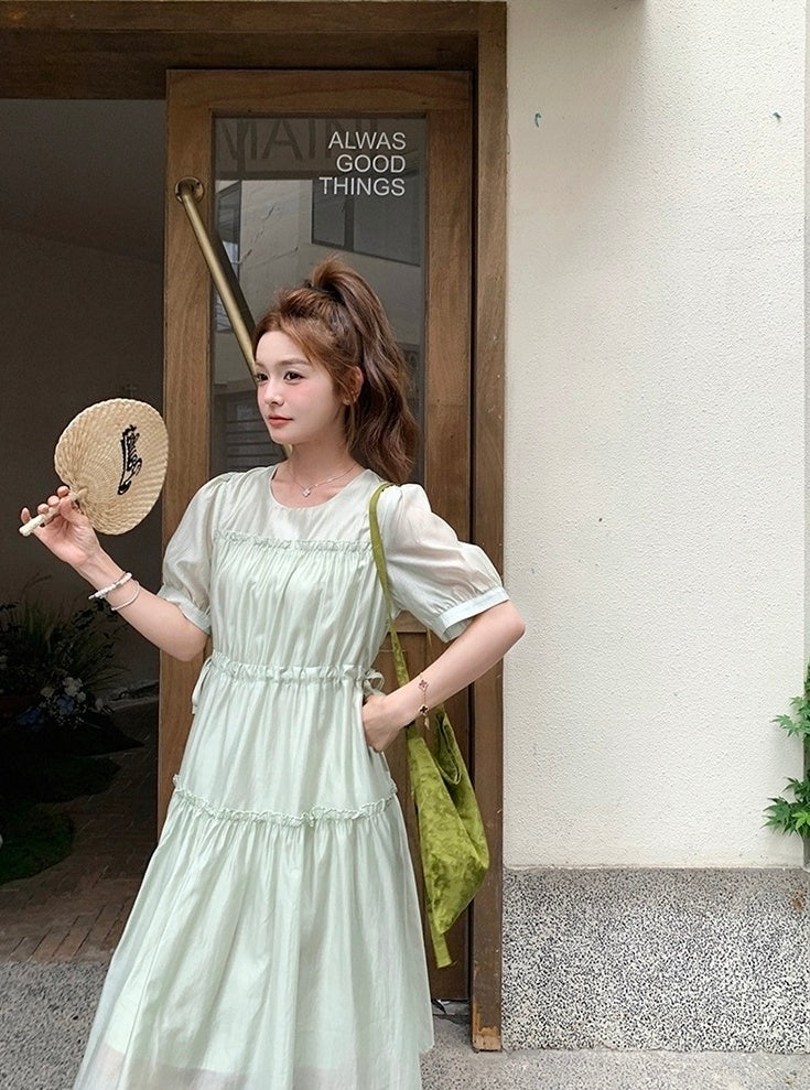 Elegant Green Casual French Style High Waist Dress