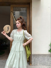 Elegant Green Casual French Style High Waist Dress