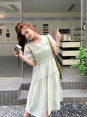 Elegant Green Casual French Style High Waist Dress