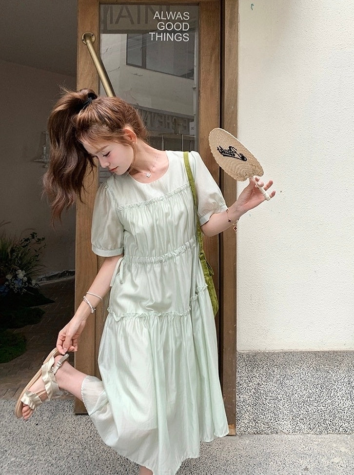 Elegant Green Casual French Style High Waist Dress