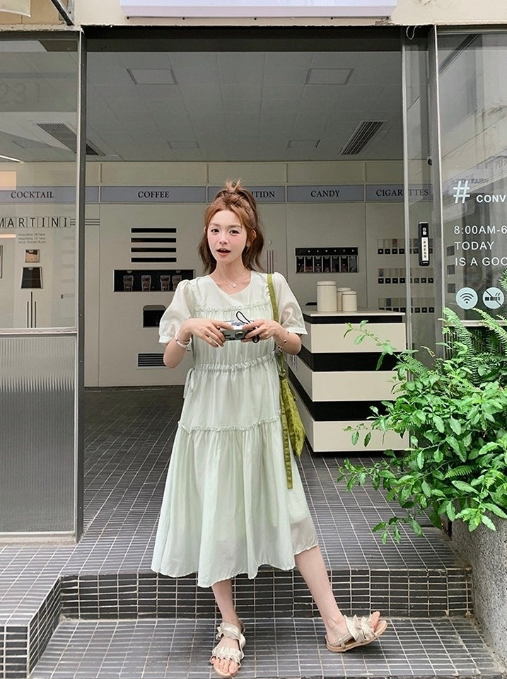Elegant Green Casual French Style High Waist Dress