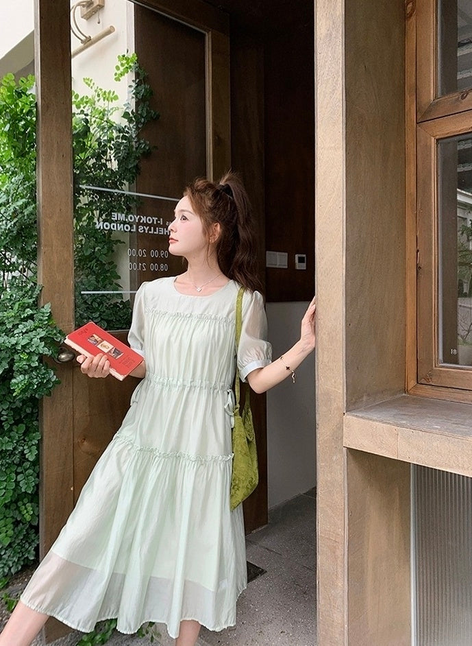Elegant Green Casual French Style High Waist Dress